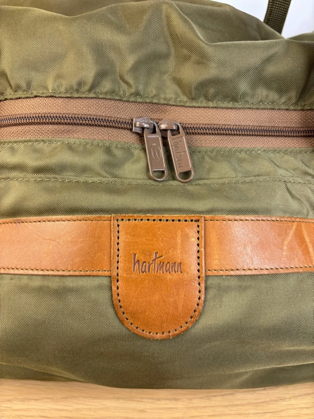 Vintage Hartmann Weekender Duffle Durable Olive Green Ballistic Nylon w/Leather